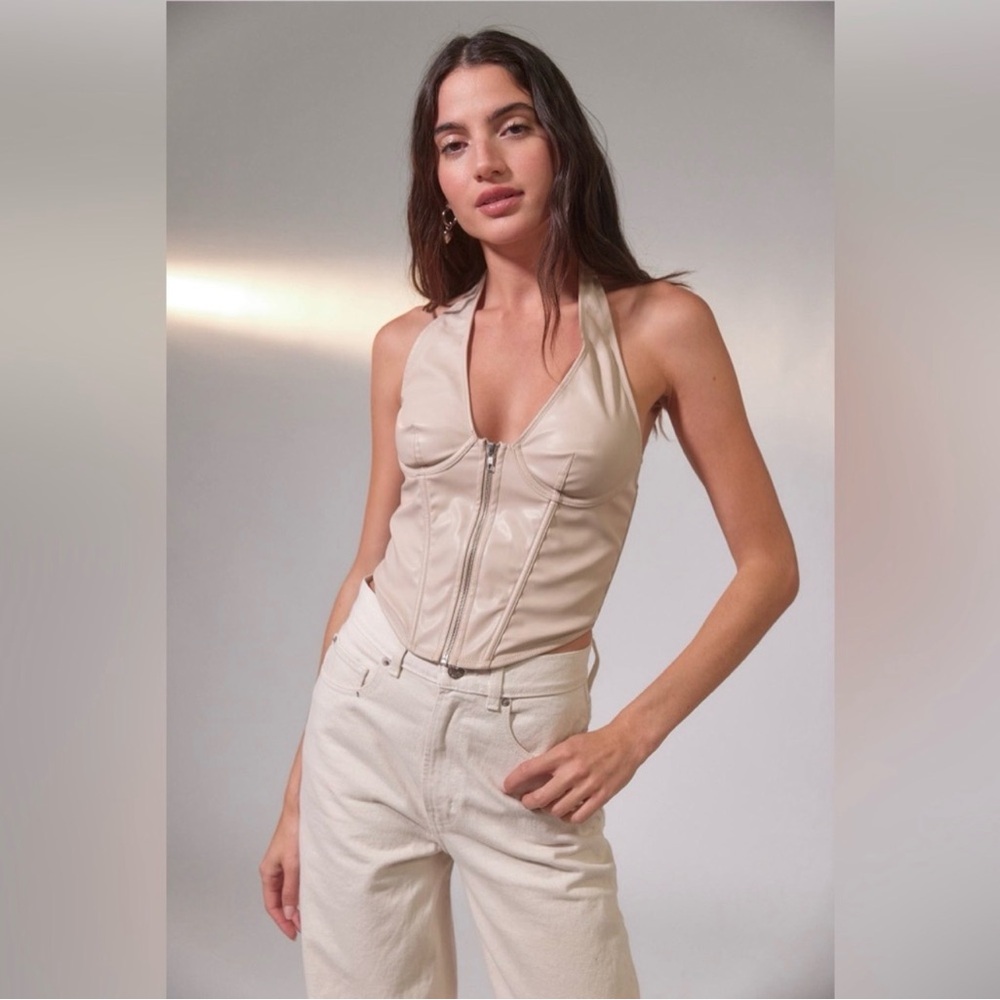 Urban Outfitters Hot Stuff faux leather corset halter top light tan woman small